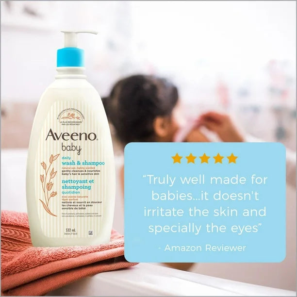Aveeno Baby Daily Wash & Shampoo baby’s hair & Sensitive Skin Cleanser with Natural Oat Paraben Free & Phthalate Free, sulfates-free and dye-free - 354 mL, 354 mL, lightly scented