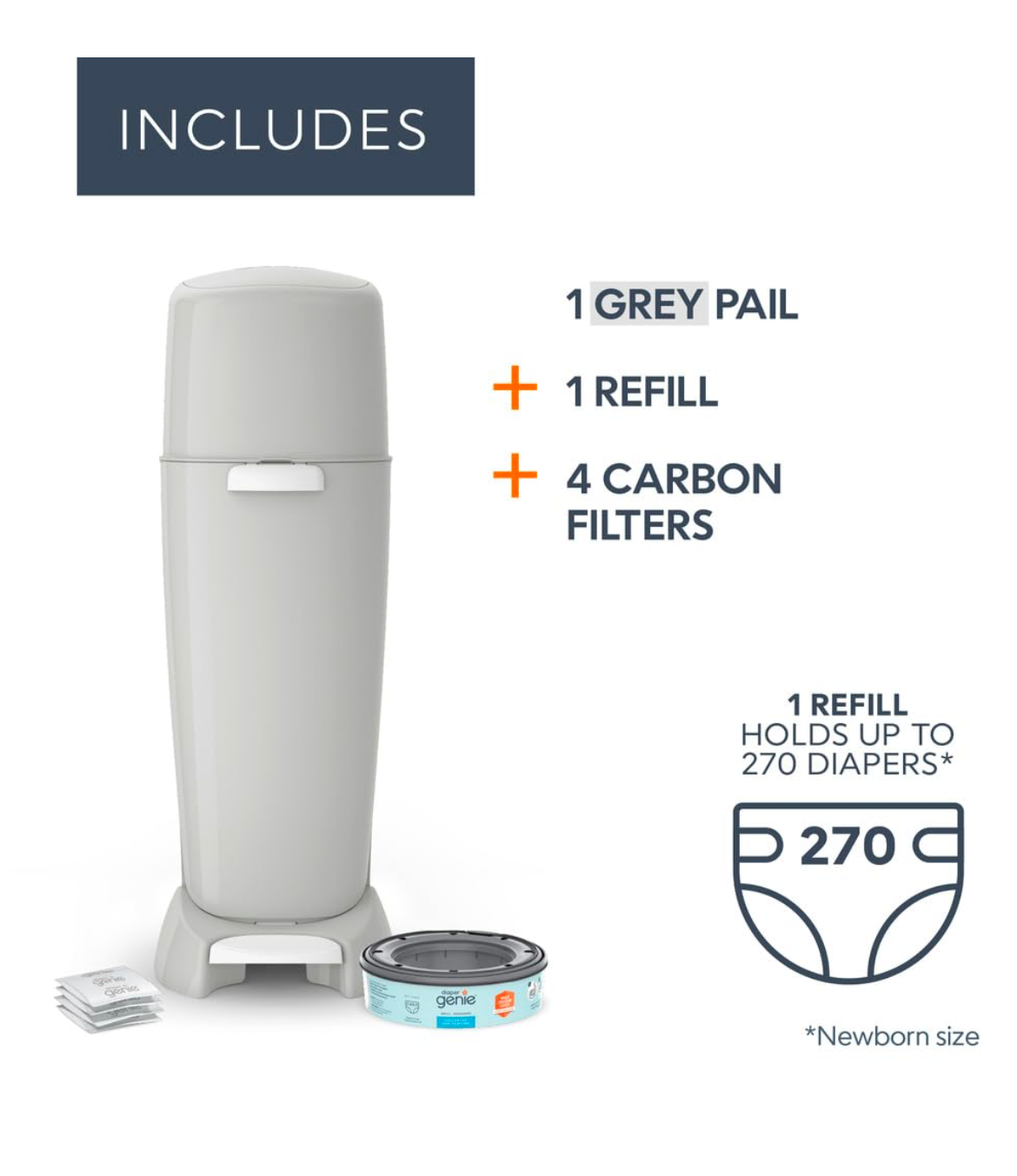 Diaper Genie Complete Diaper Pail System, Grey - AMAZON EXCLUSIVE - includes 4 Carbon Filters and 1 refill
