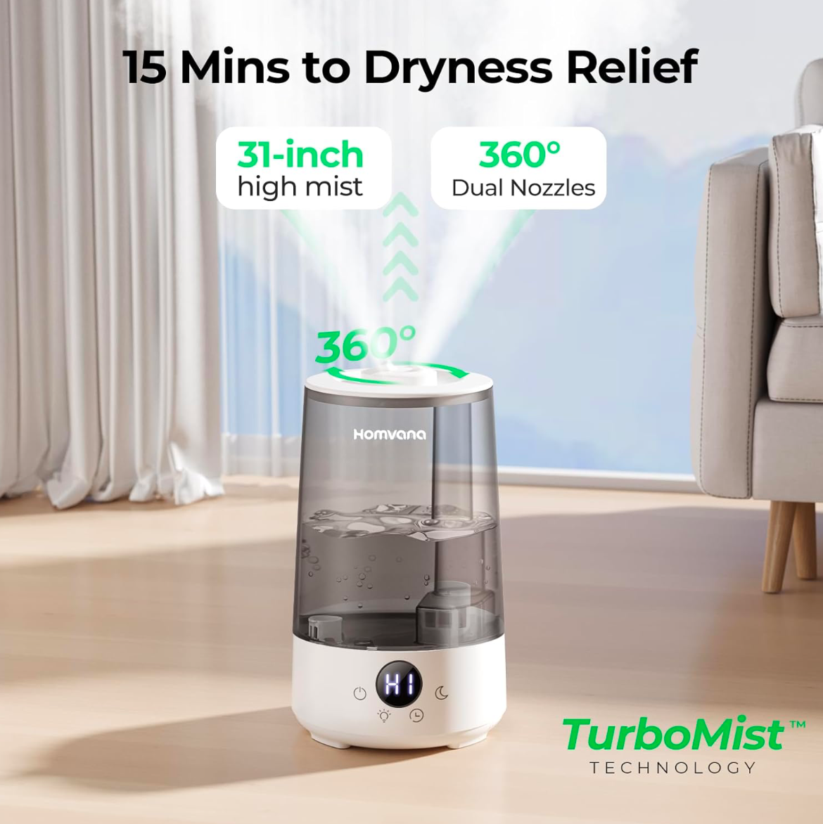 Homvana Humidifiers for Bedroom Home, 3.6L Cool Mist Top-Fill 34H Super Long Time, Quiet 23dB, Baby Humidifier, Oil Diffuser for Large Room, Plants, Nursery, Office BPA FREE, 7 Color Light Ultrasonic
