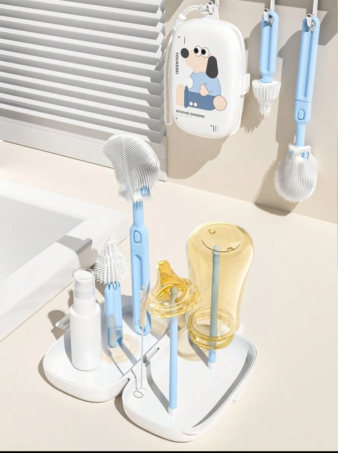 Portable Baby Bottle Brush Set Include Bottle Brush, Nipple Brush, Straw Brush, Drain Rack And Storage Box For Travel Or Trip