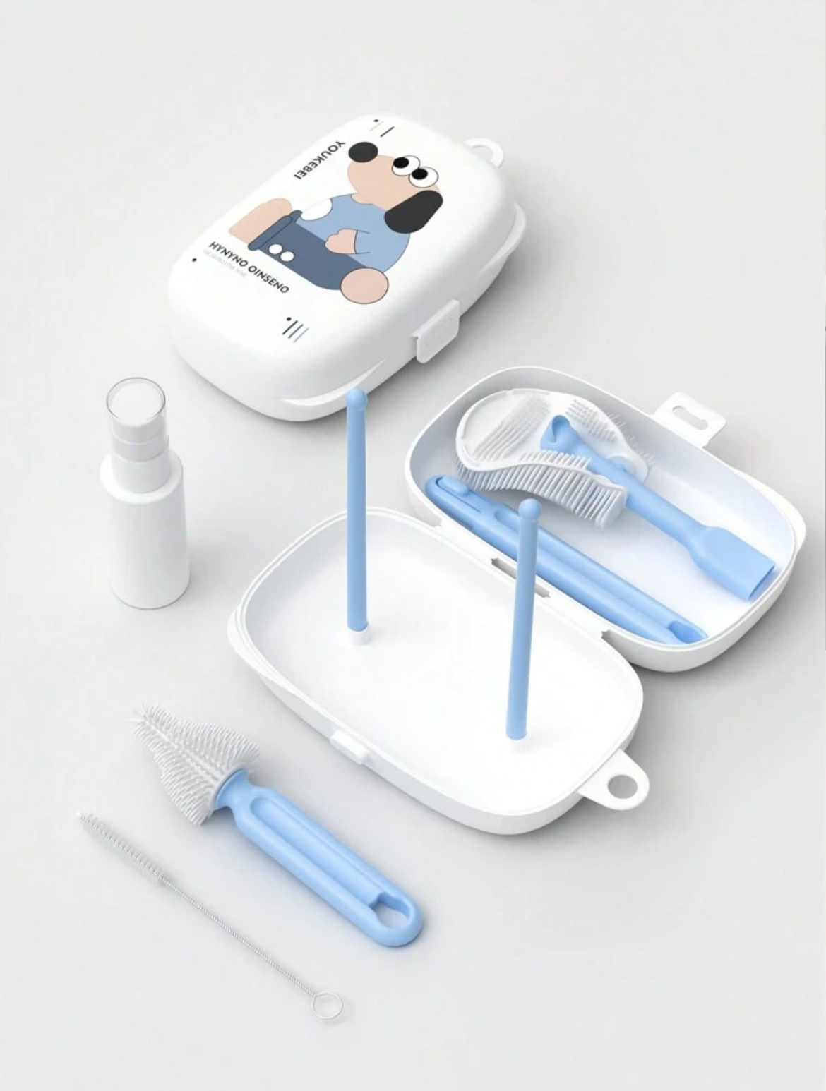 Portable Baby Bottle Brush Set Include Bottle Brush, Nipple Brush, Straw Brush, Drain Rack And Storage Box For Travel Or Trip