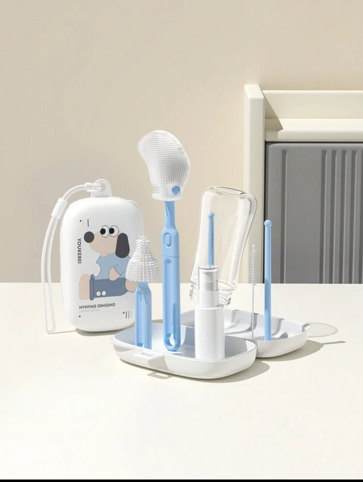 Portable Baby Bottle Brush Set Include Bottle Brush, Nipple Brush, Straw Brush, Drain Rack And Storage Box For Travel Or Trip