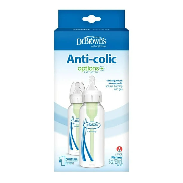 Dr. Brown's Natural Flow Anti-Colic Options+ Narrow Baby Bottles, 8oz/250mL, with Level 1 Slow Flow Nipples, 2-Pack, 0m+, Pack of 2, 8oz