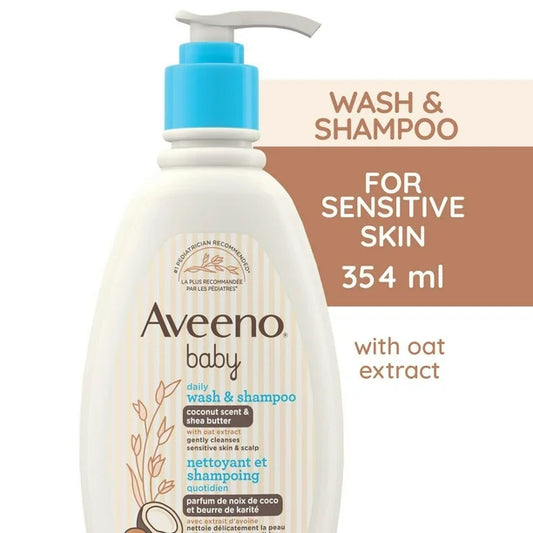 Aveeno Baby Daily Moisturizing Wash & Shampoo, Natural Coconut Scent, Shea Butter & Oat Extract, Body Wash, Hypoallergenic, 354 mL