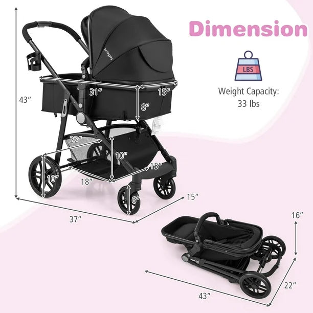Babyjoy 2 in 1 Foldable Baby Stroller Kids Travel Newborn Infant Buggy Pushchair 22 lbs Black