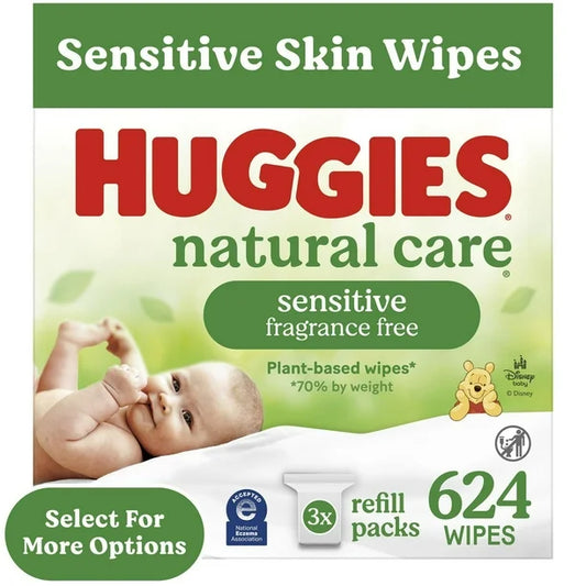 Baby Wipes, Huggies Natural Care Sensitive, UNSCENTED, 3 Refill Packs, 624 Wipes, 624 Wipes Total